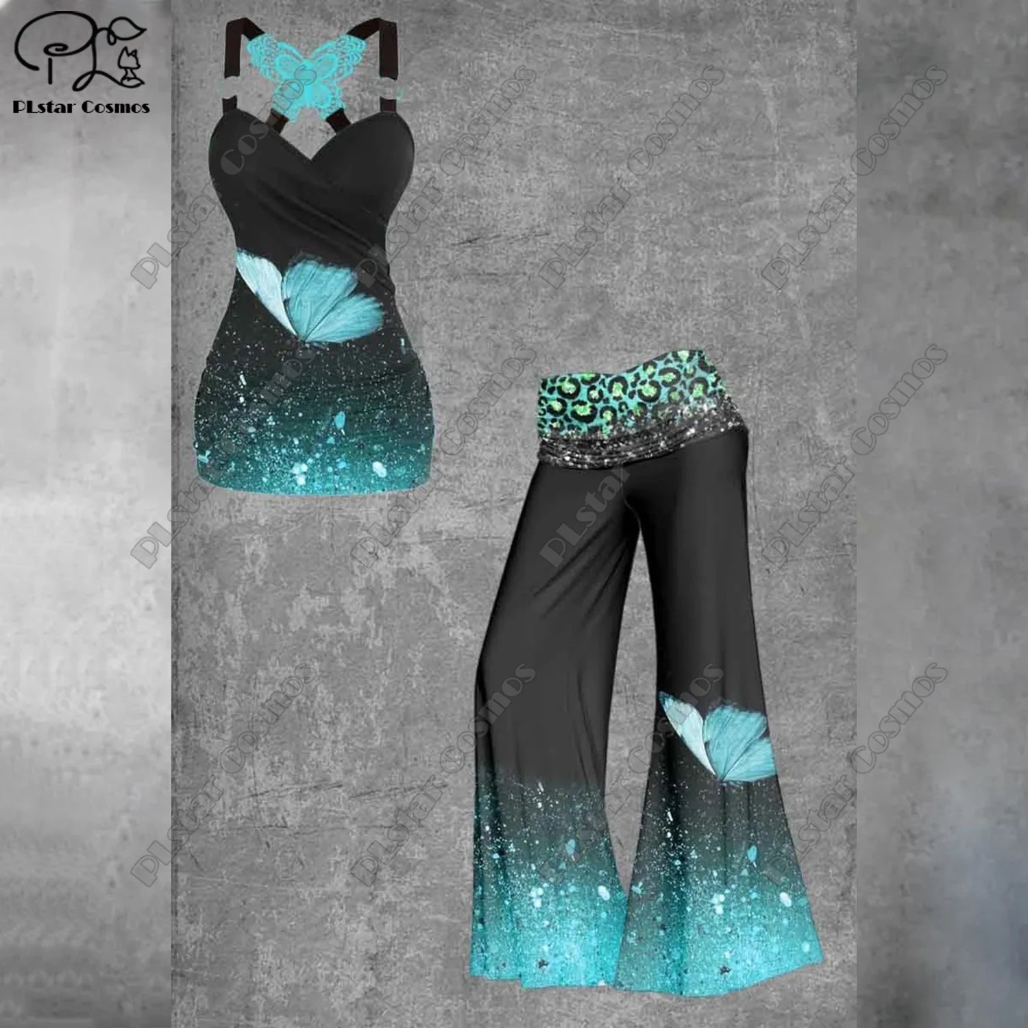 PLstar Cosmos 2023 new 3D printing women's literary rainbow butterfly vest + wide-leg pants two-piece set H1 Bazaare Mart
