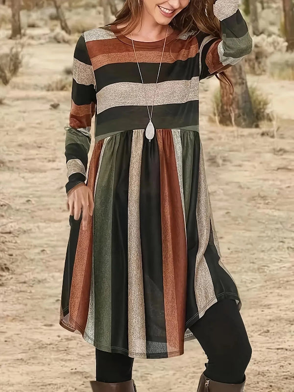 Striped Round-neck Long Sleeve Dress