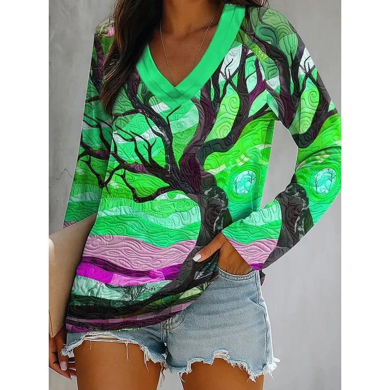 Ombre Graphic Winter Tree Long Sleeve V-Neck T-Shirts