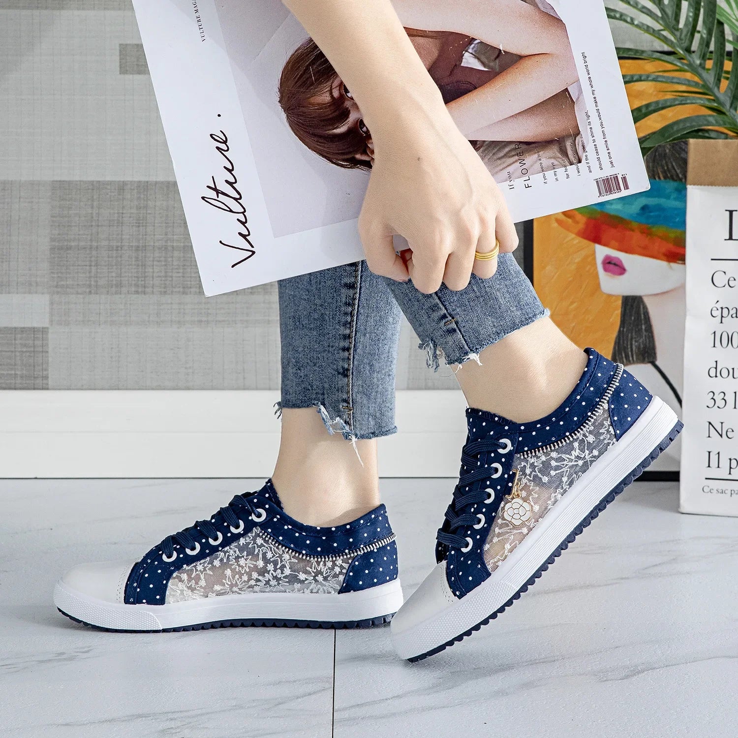 Unique Hollow Mesh Polka Dot Denim Sneakers
