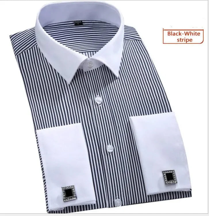 Black and white striped dress shirt with cufflinks on a white background