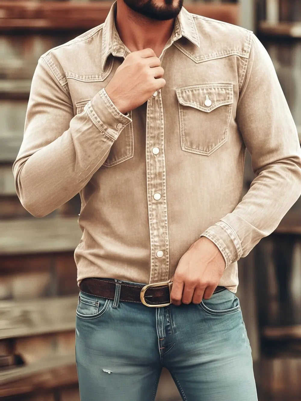Men's Vintage Washed Denim Button Up Shirt