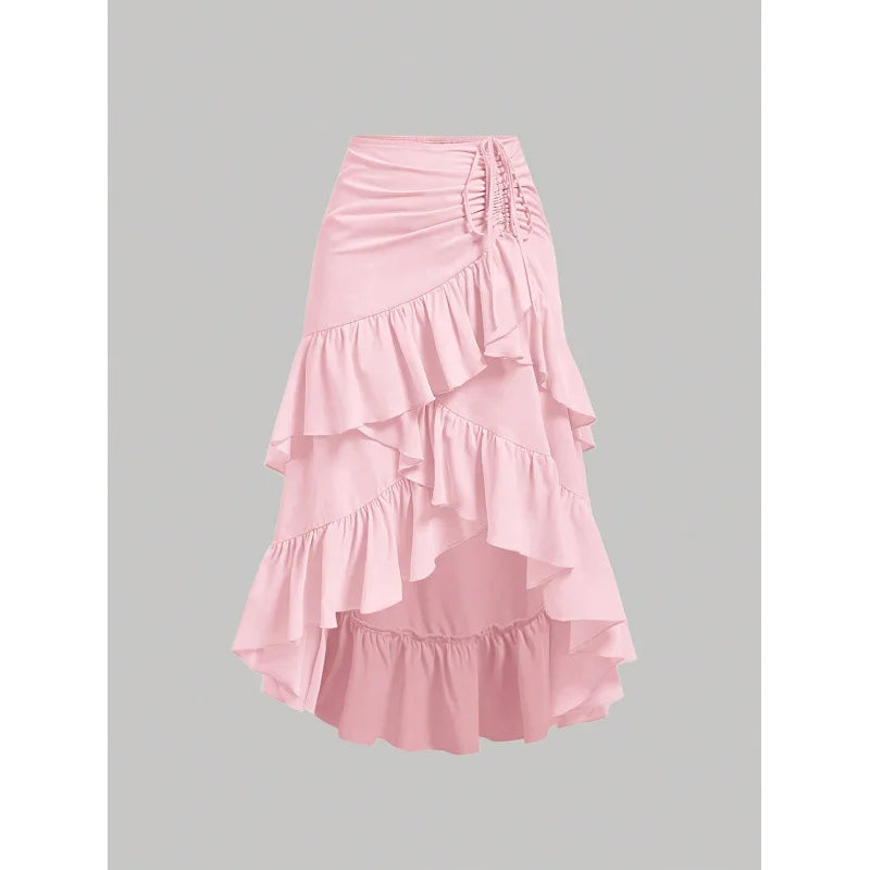 Sinched Ruffled Tiered Layered Skirt Pink Bazaare Mart Wrap Sinched Ruffled Skirt