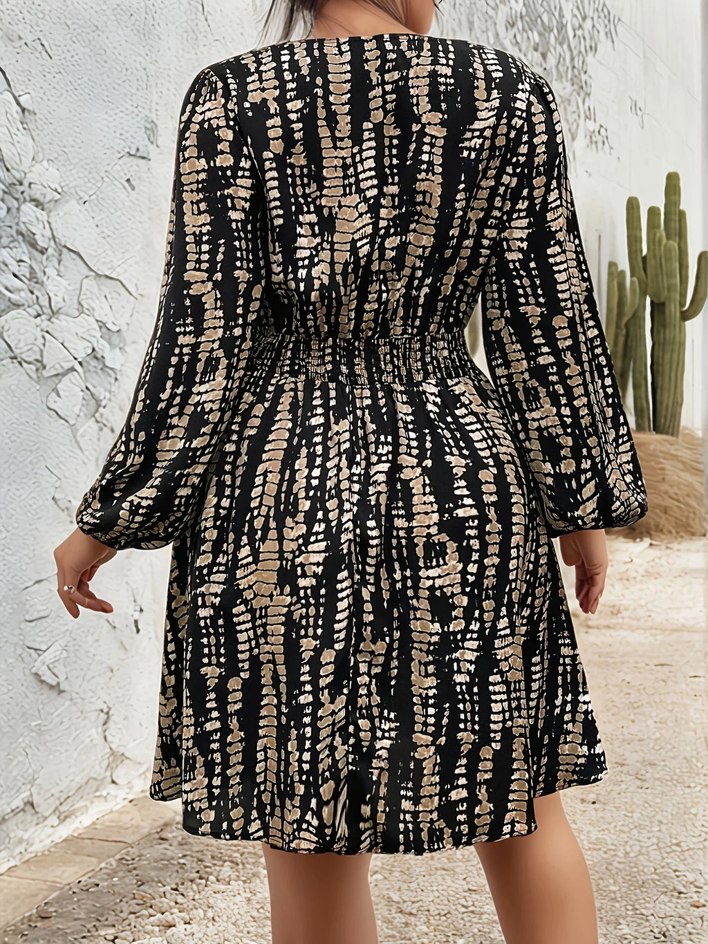 V-Neck Long Puffy Sleeve Cinched Waist Dress