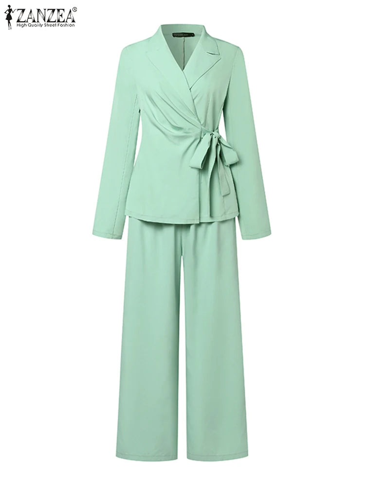 Long Sleeve Wrap Around Pants Suit