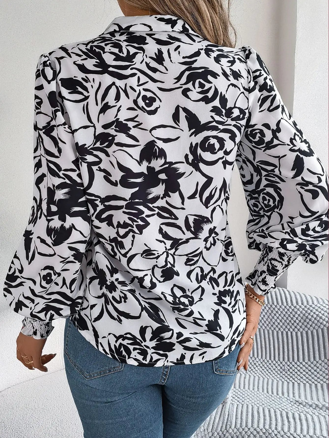 Floral Long Lantern Sleeve Flip Collar Blouse