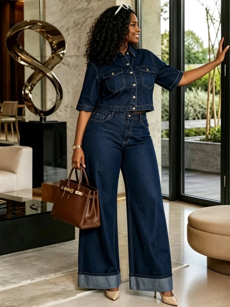 Two-Piece Denim Set – Cropped Button-Up Top & Wide-Leg Jeans