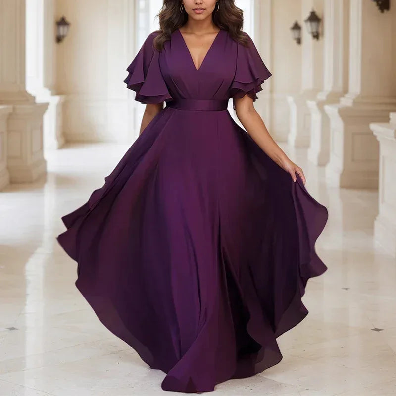 Purple Chiffon Ruffle Half Sleeve V-Neck Evening Dress Bazaare Mart Purple Ruffle Half Sleeve V-Neck Evening Dress