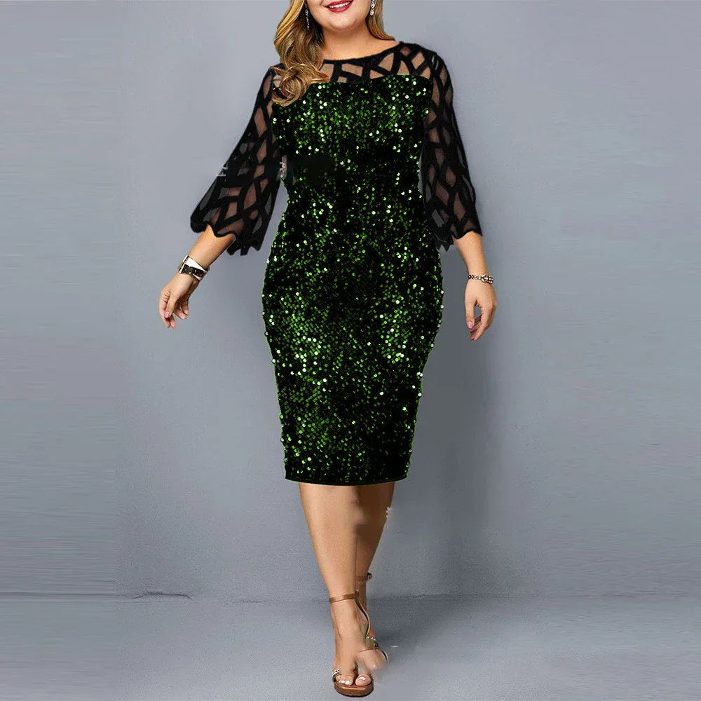 Elegant Sequin Plus Size Dress Green on Black Bazaare Mart Elegant Sequin Plus Size Dress
