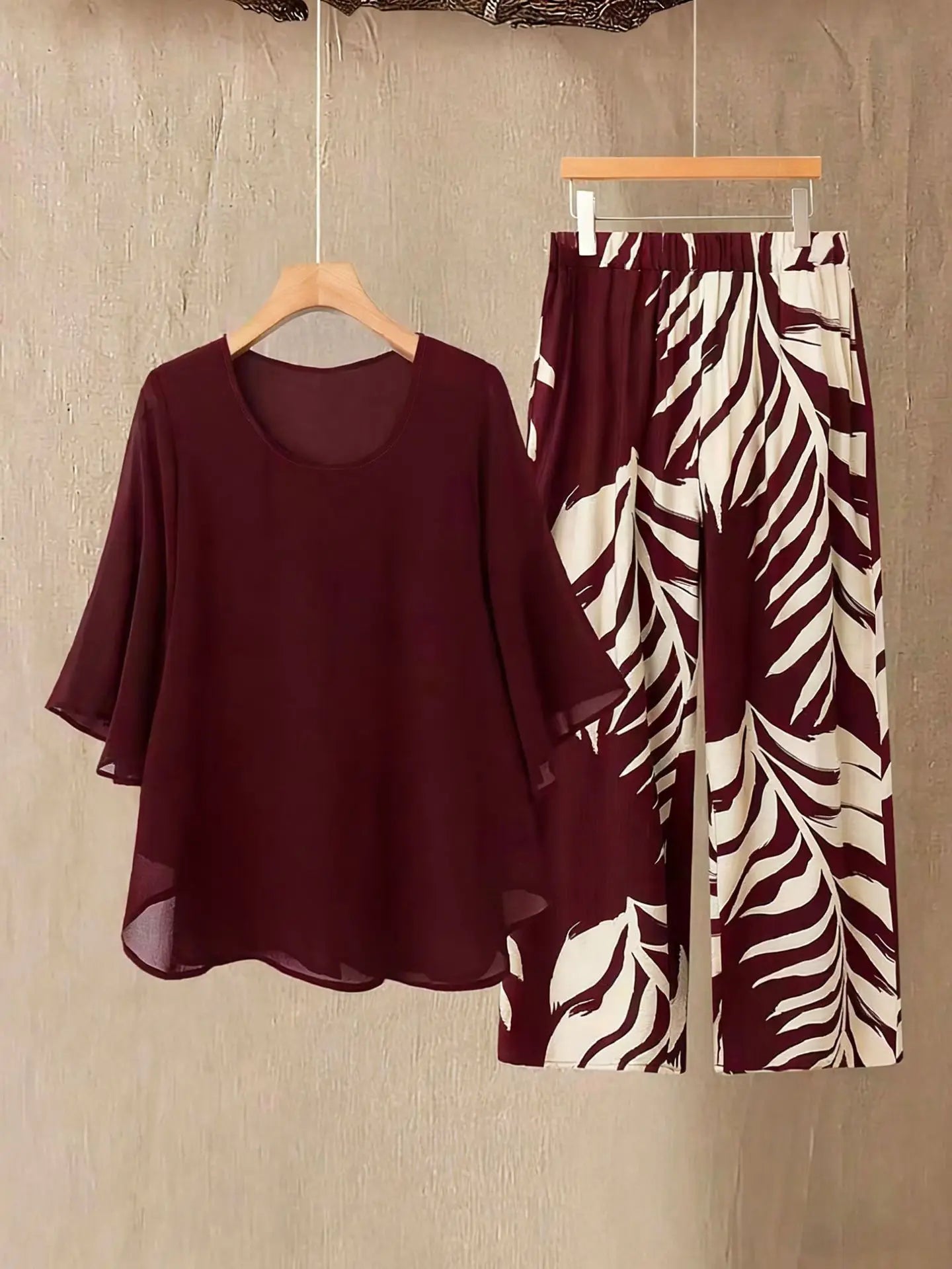 Women's Chiffon Overlay Top & Tropical Leaf Print Wide Leg Pants 2 Piece Set | Elegant Summer Resort Outfit Bazaare Mart 2 pc. Pants Outfit