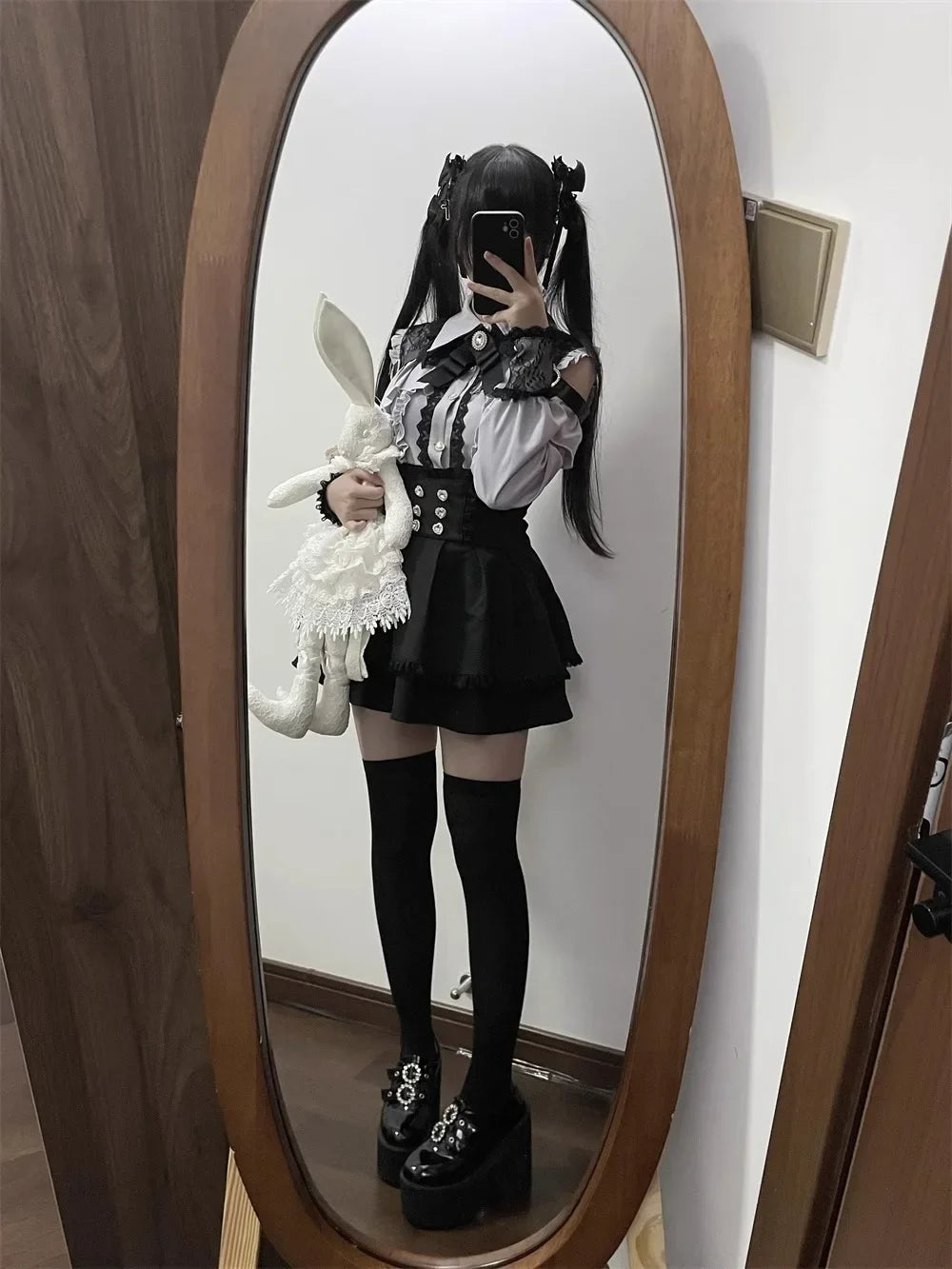 Dark Sweet Heart Ground Type Lolita Set, Ruffle Sleeve Top & A-line Skirt, Cute Kawaii Japanese Style Gothic Coord Outfit S-XL Bazaare Mart