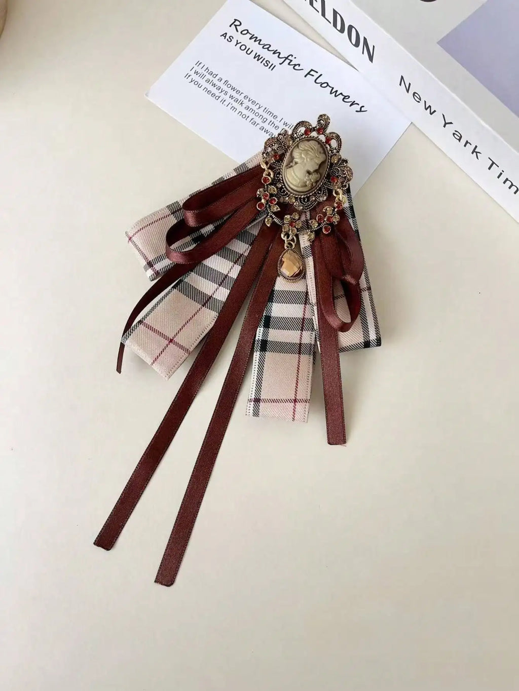 Women's Vintage Plaid Cameo Bow Tie Bazaare Mart Lady's Bowtie