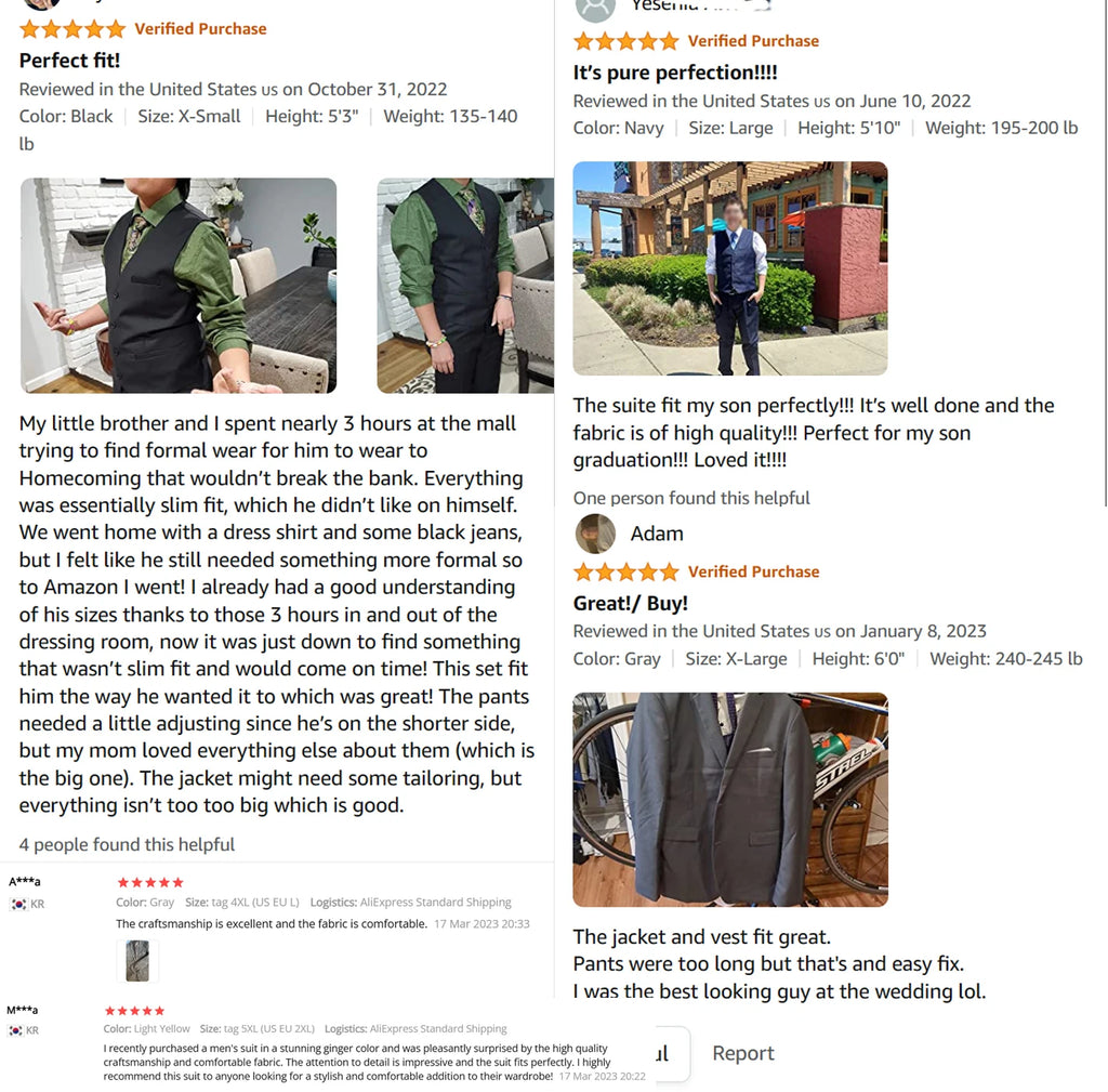 Product reviews for a suit on a website with customer photos and text.