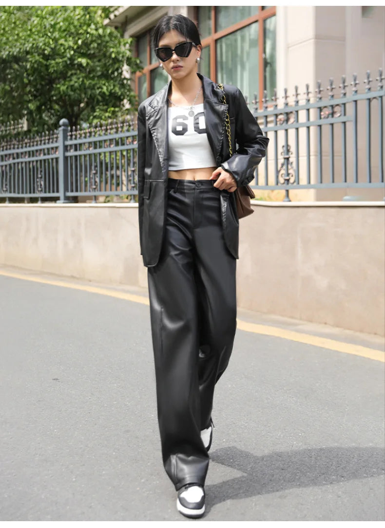Winter Fleece PU Leather Wide Leg Pants Bazaare Mart Winter Fleece PU Leather Wide Leg Pants