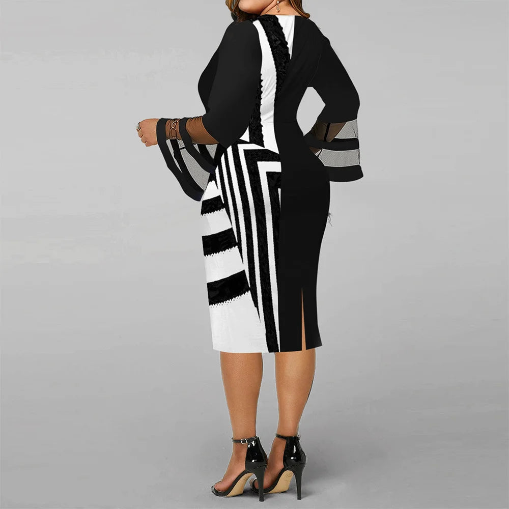 Elegant Plus Size Color Block Midi Dress
