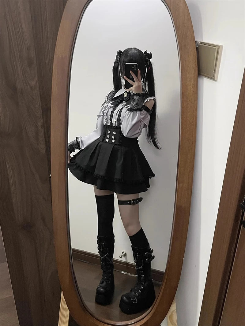 Jirai kei Shirt JK Skirt Japanese Style Lolita Y2K Sweet School Uniform Blouse Top Dress Darkness Outfit Women Girls Theme Party Bazaare Mart