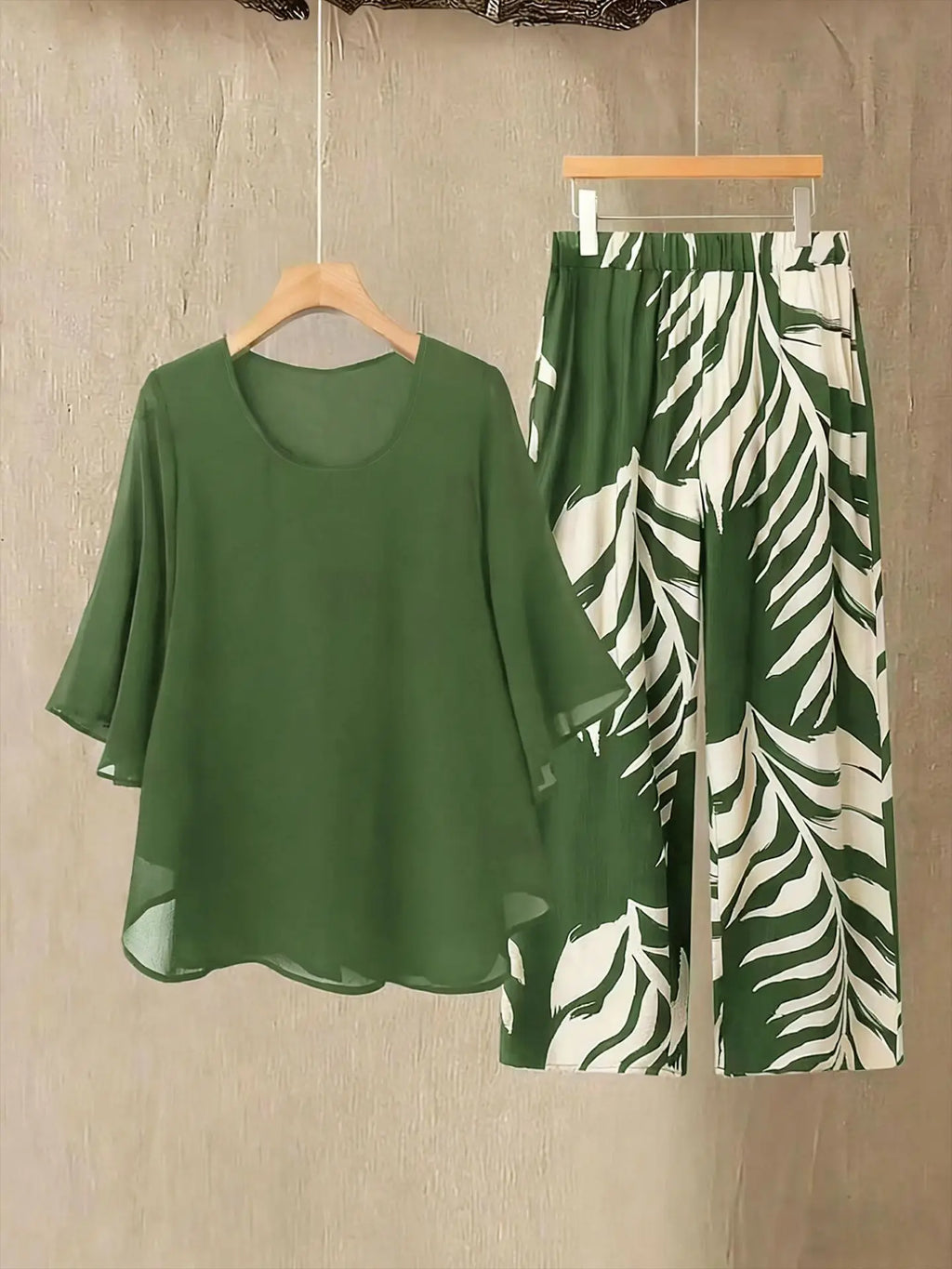 Women's Chiffon Overlay Top & Tropical Leaf Print Wide Leg Pants 2 Piece Set | Elegant Summer Resort Outfit Bazaare Mart 2 pc. Pants Outfit