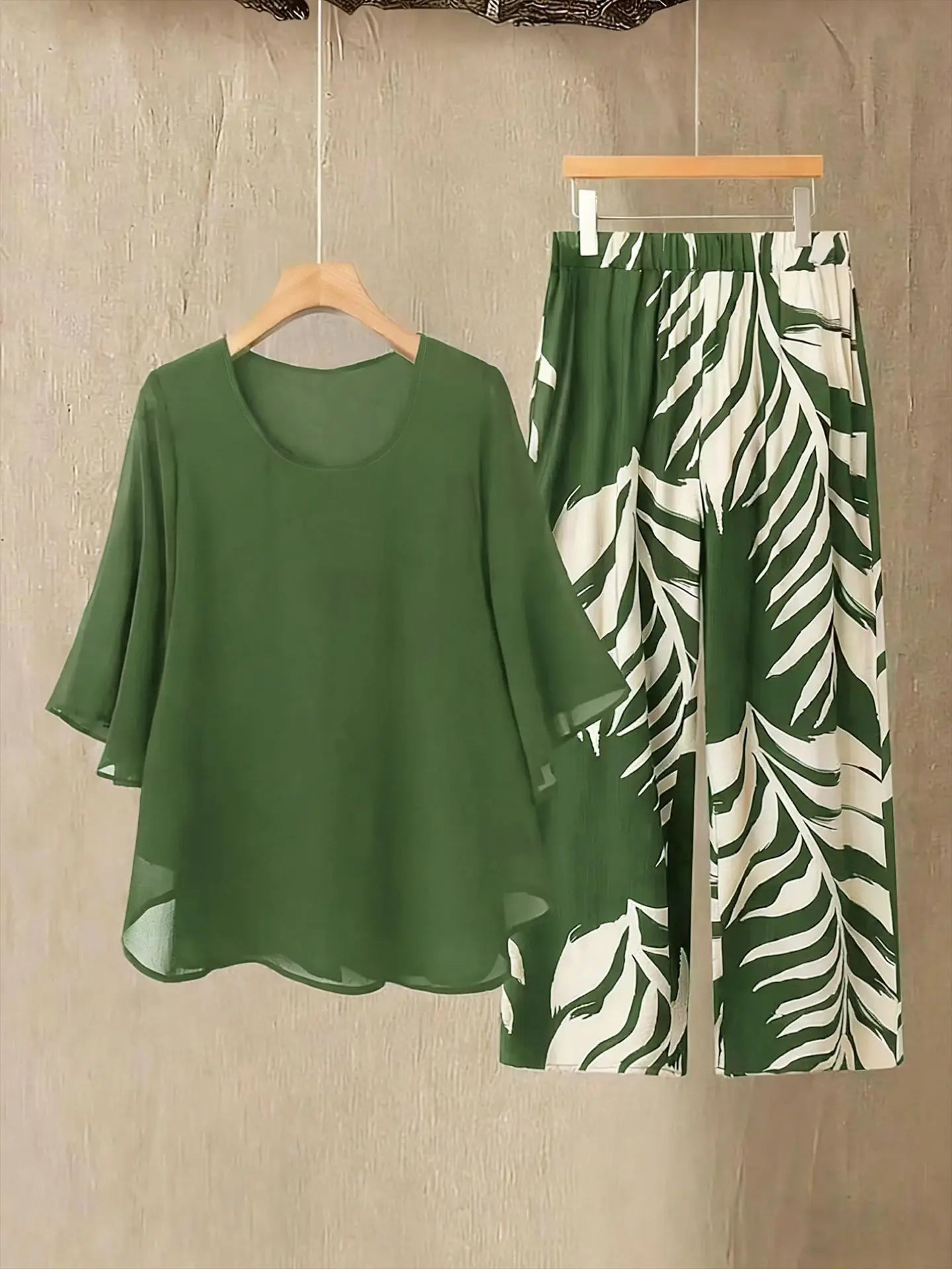 Women's Chiffon Overlay Top & Tropical Leaf Print Wide Leg Pants 2 Piece Set | Elegant Summer Resort Outfit Bazaare Mart 2 pc. Pants Outfit