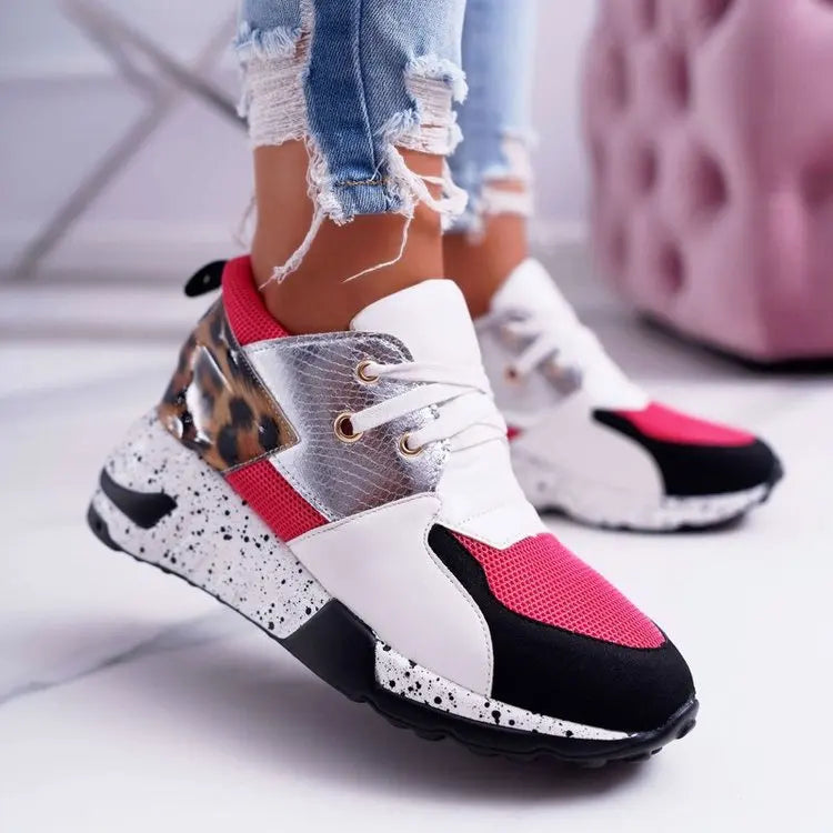 Thick-Soled Leopard Color-Block Sneakers