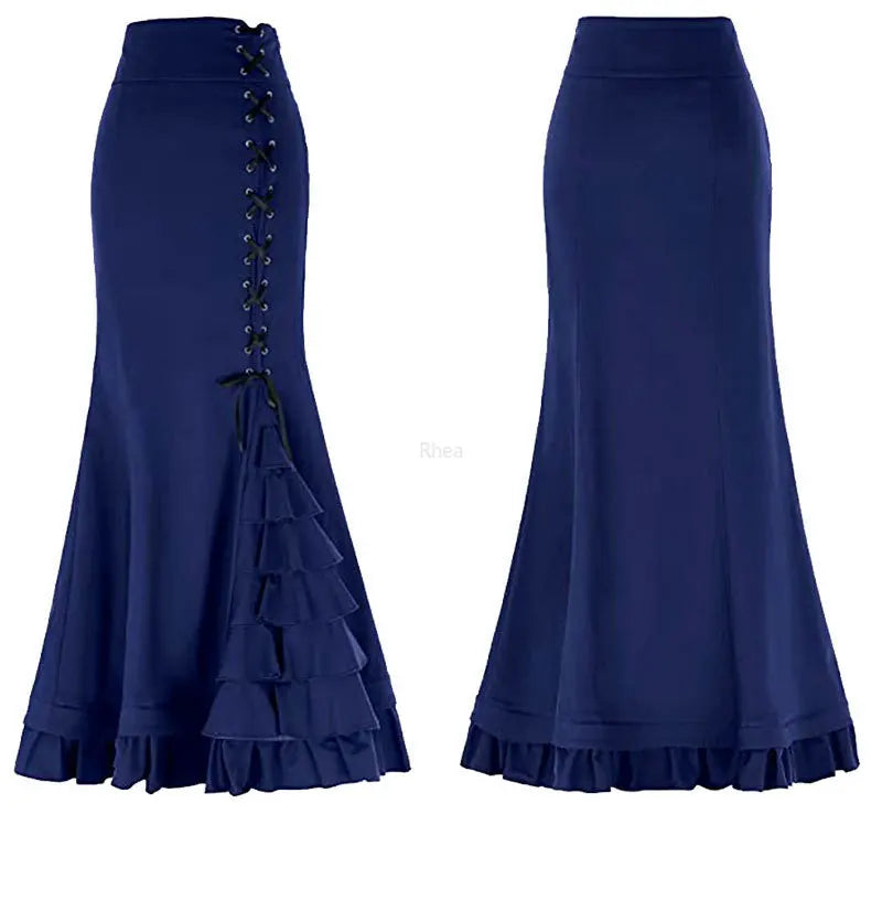 Vintage Steampunk Mermaid Maxi Skirt Bazaare Mart Gothic Vintage Victorian Steampunk Lace-Up Maxi Skirt