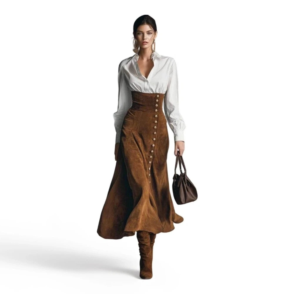 Two-Piece Long Sleeve Shirt & Flared High Waist Midi Skirt Set