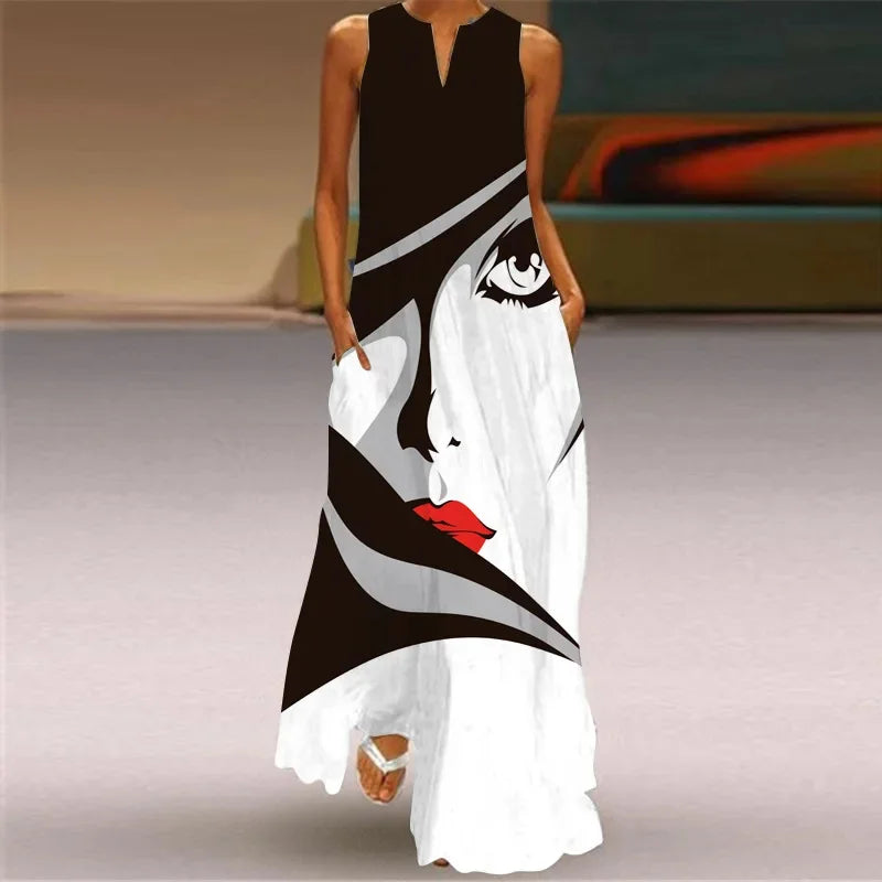 Summer Outdoor Street Fashion Women's Long Dress New Abstract Art Print Dress Sleeveless Vest V-Neck Fashion Women's Party Dress WXDress-151 Bazaare Mart