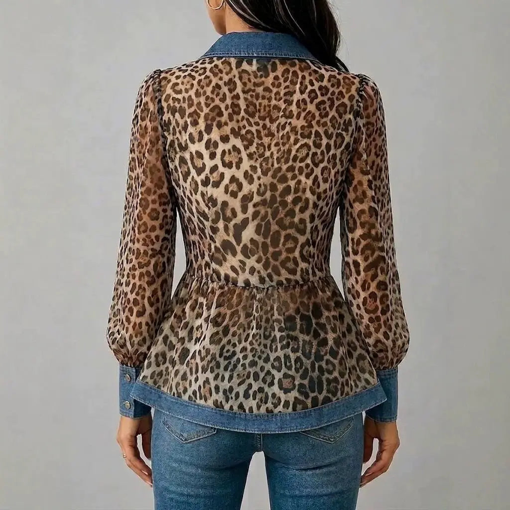 Leopard Print Chiffon Peplum Blouse with Denim Trim