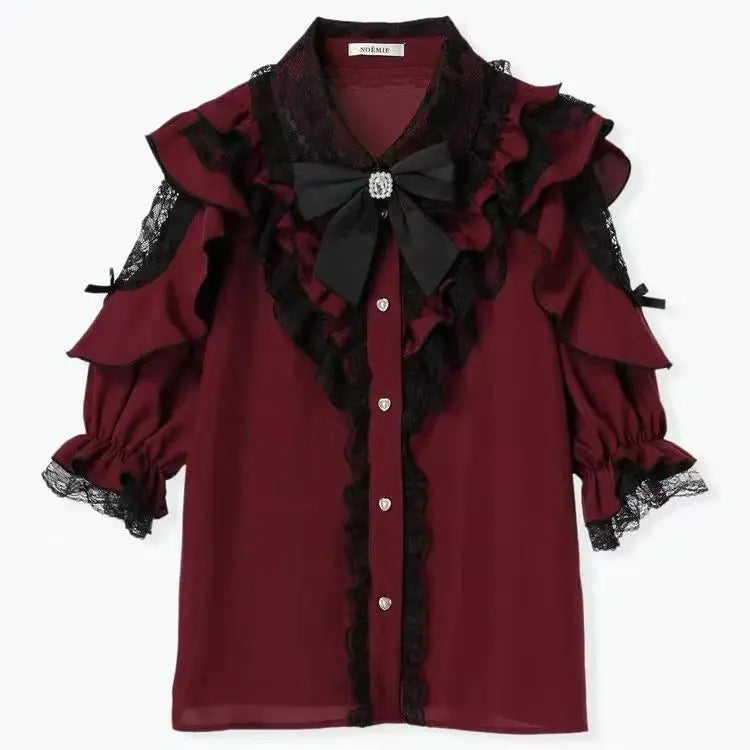 Dark Sweet Heart Ground Type Lolita Set, Ruffle Sleeve Top & A-line Skirt, Cute Kawaii Japanese Style Gothic Coord Outfit S-XL short sleeve shirt12 Bazaare Mart