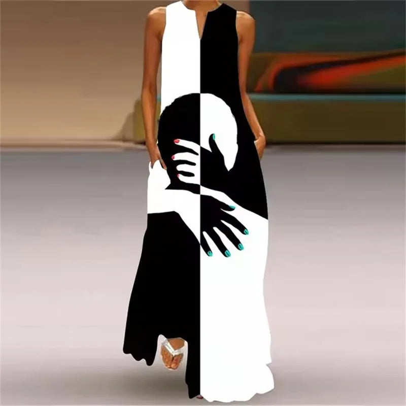 Summer Outdoor Street Fashion Women's Long Dress New Abstract Art Print Dress Sleeveless Vest V-Neck Fashion Women's Party Dress WXDress-155 Bazaare Mart