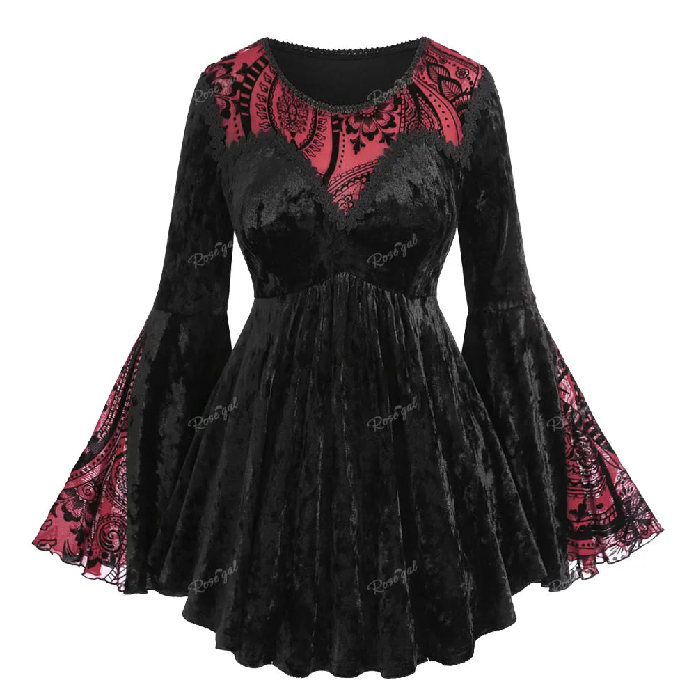 Black Velvet Red Paisley Lace Trim Long Flare Sleeve Top Bazaare Mart Red & Black Gothic Blouse