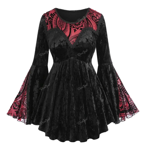 Black Velvet Red Paisley Lace Trim Long Flare Sleeve Top Bazaare Mart Red & Black Gothic Blouse