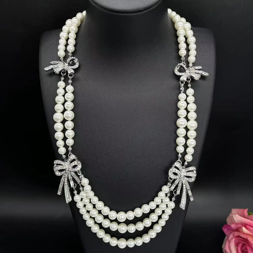 Vintage Bow Earrings and Pearl Necklace Bazaare Mart Vintage Bow Earrings and Pearl Necklace