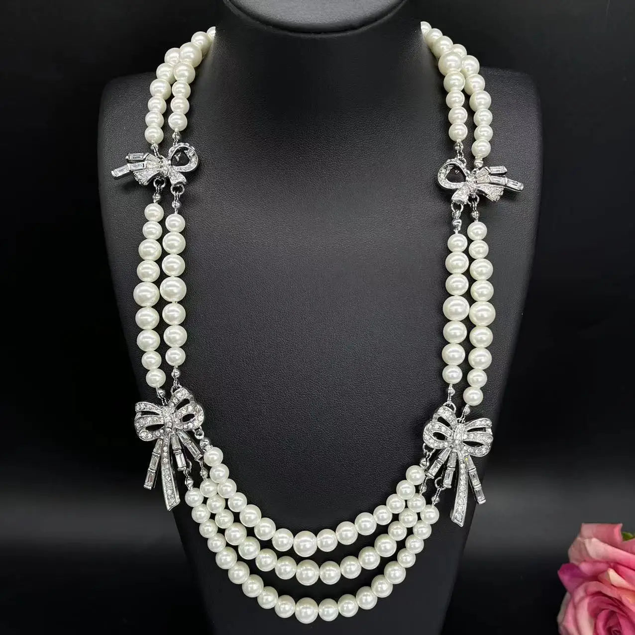 Vintage Bow Earrings and Pearl Necklace Bazaare Mart Vintage Bow Earrings and Pearl Necklace