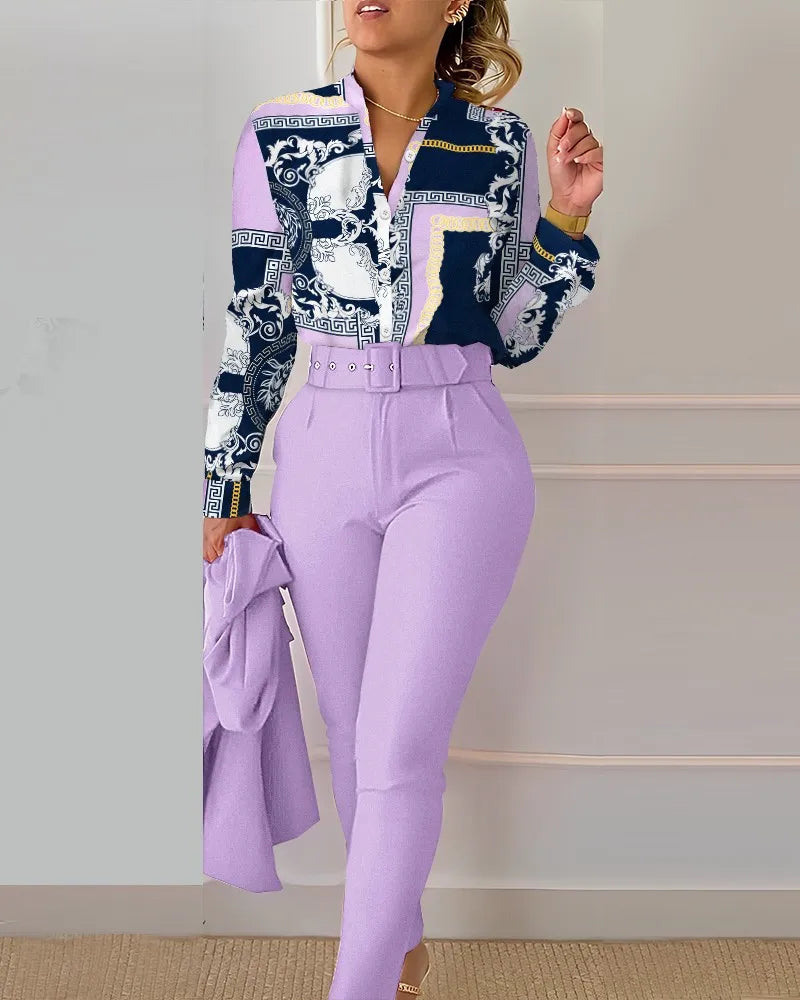 Print Long Sleeve Shirt Matching Pants Sets With Belt