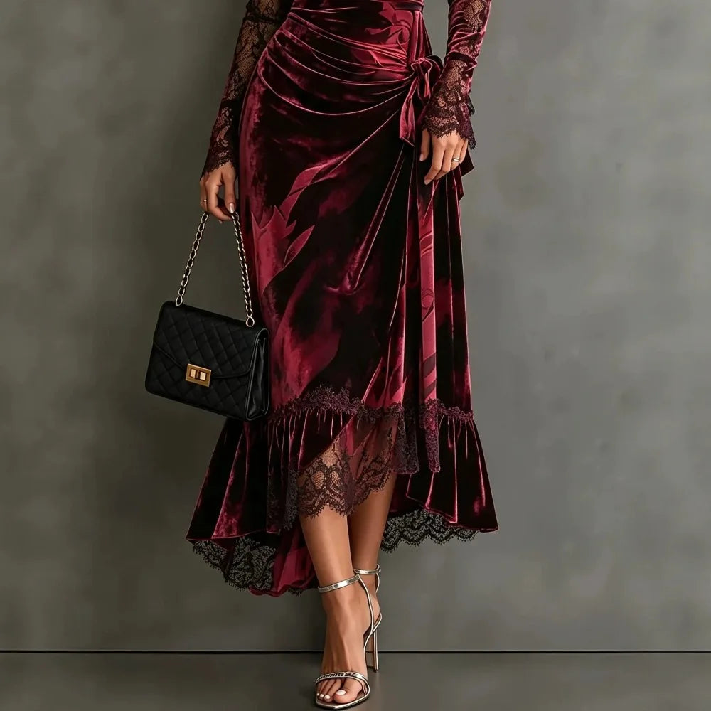 Burgundy Velvet Lace-Trim Fishtail Midi Dress