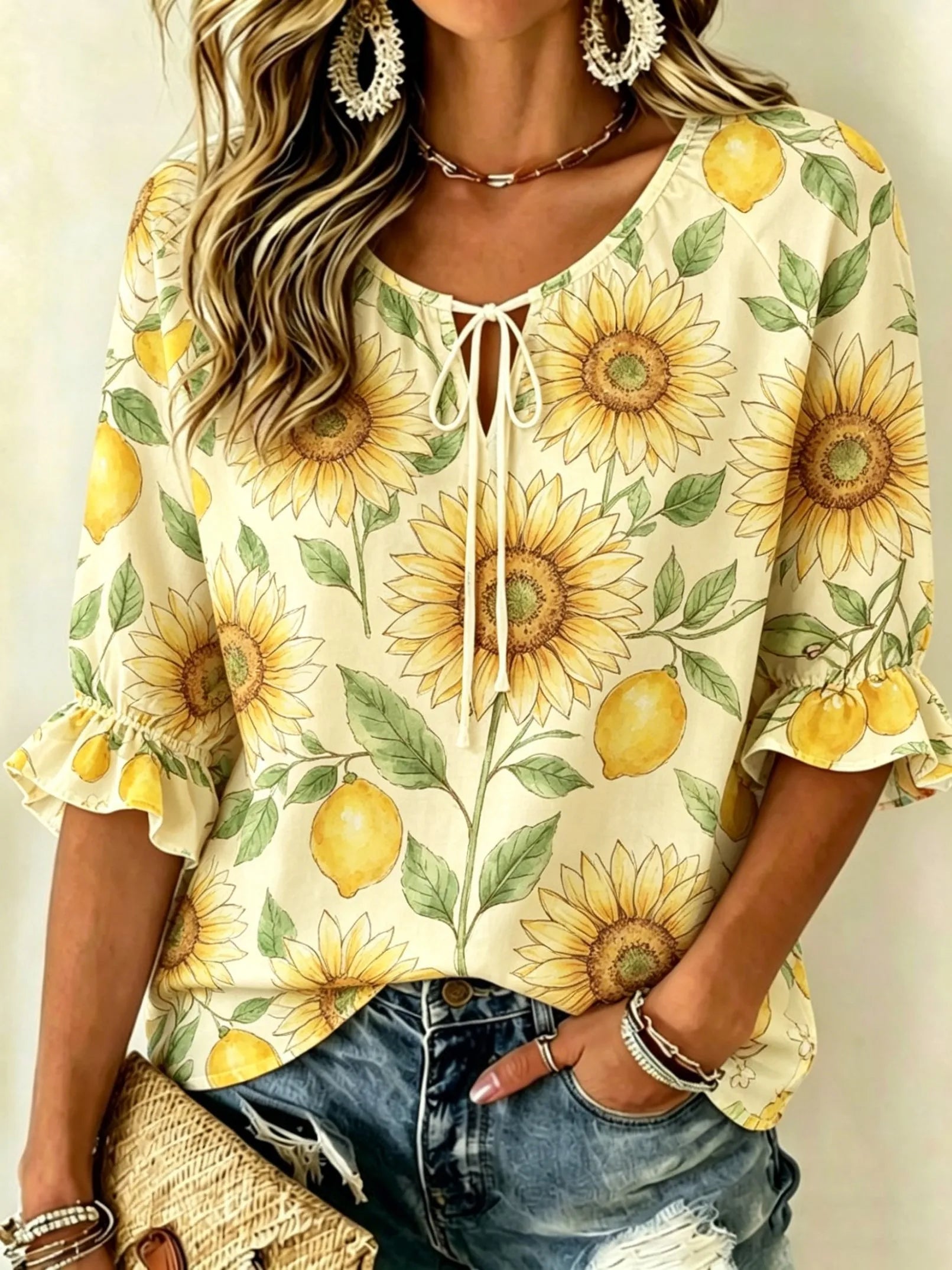 Women's Watercolor Floral Print Tie Neck Blouse – Ruffle Half Sleeve Casual Top NZHLE2026291C9 Bazaare Mart 1/2 Sleeve Paisley Blouse