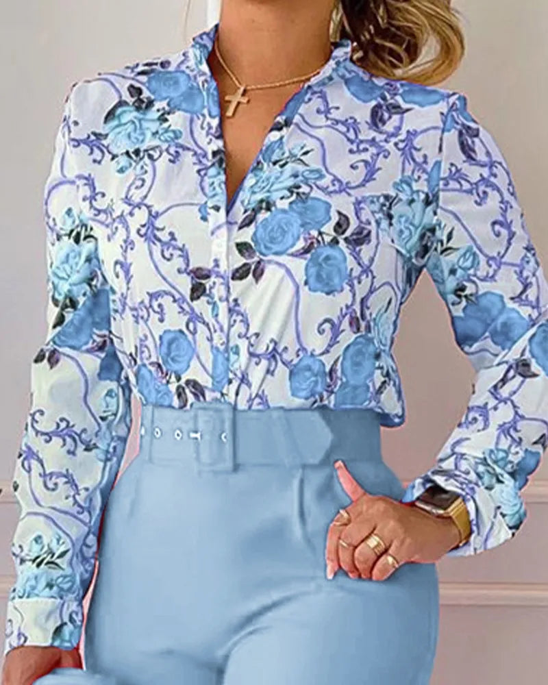 Print Long Sleeve Shirt Matching Pants Sets With Belt