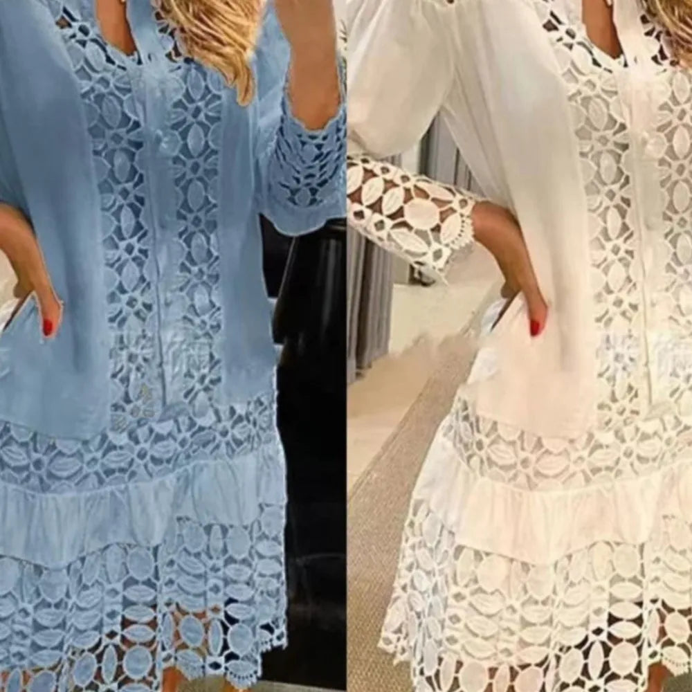 Spring Summer Lace Hollowed Out Patchwork Shirt Women's Dress Sexy Elegant Female 2 Piece Suit With Inner Strap Anti Slip Dress Bazaare Mart