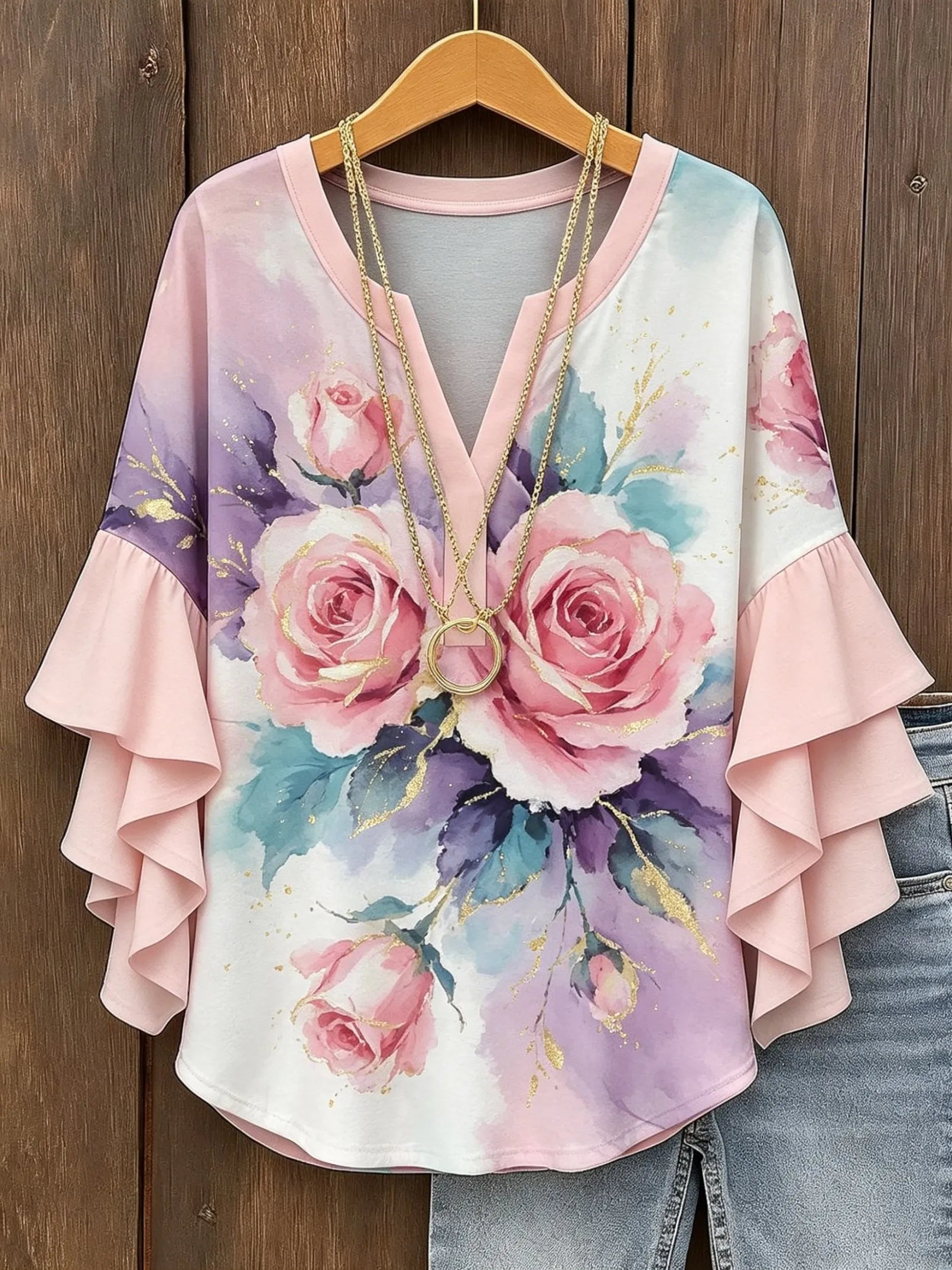 Women's V Neck Ruffle Half Sleeve Lotus Print Blouse, Casual Daily Holiday Tops Mint Green White Spring Summer HCHLD202630183 Bazaare Mart