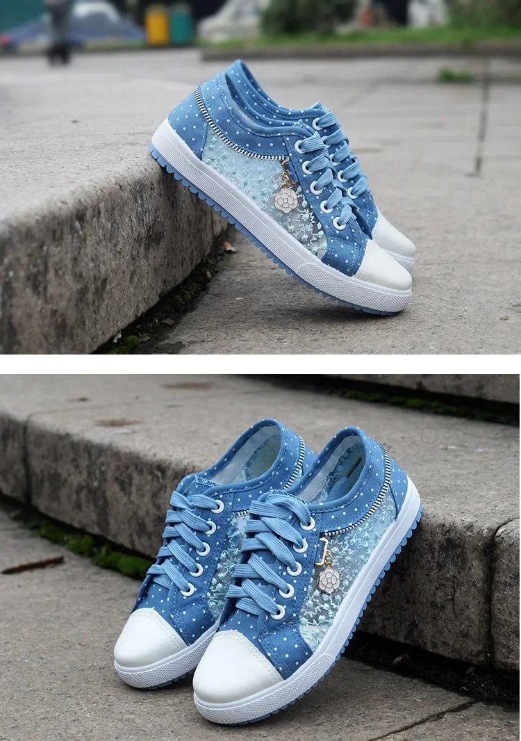 Unique Hollow Mesh Polka Dot Denim Sneakers