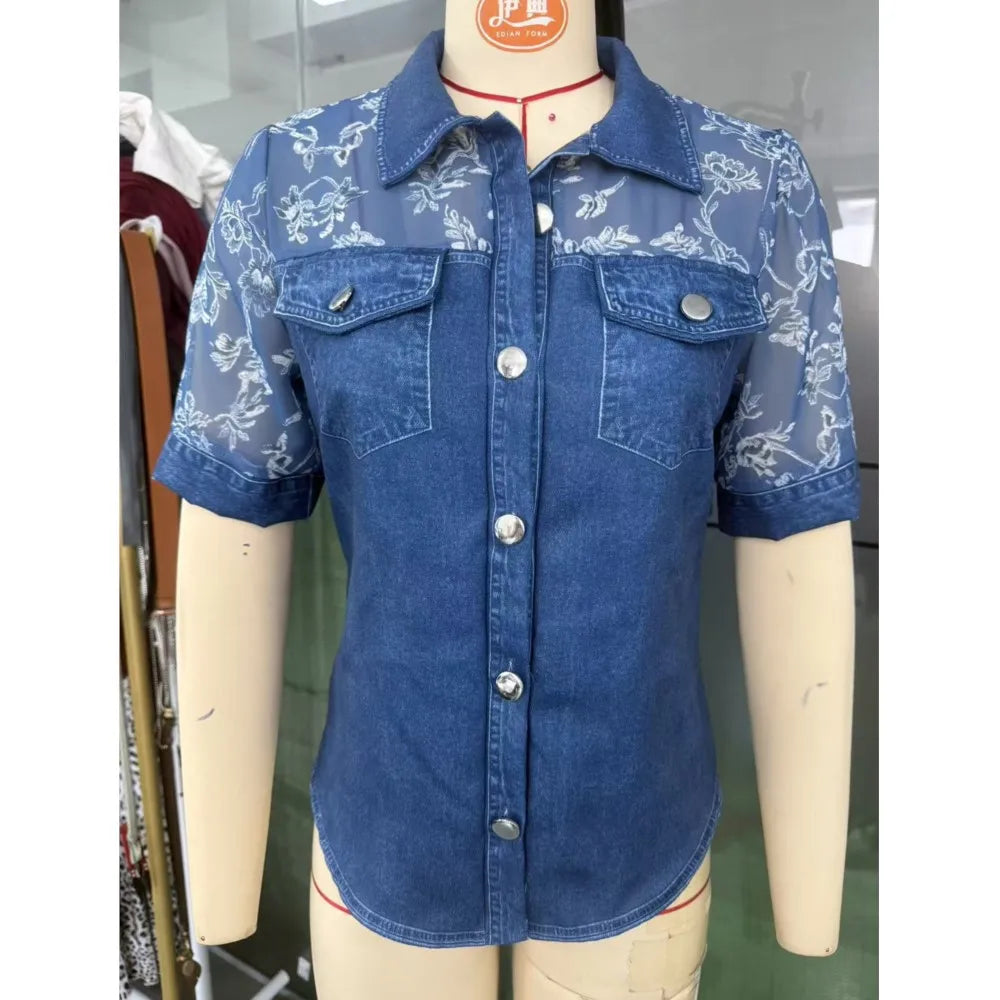 Denim Shirt with Sheer Floral Embroidered Mesh Sleeves