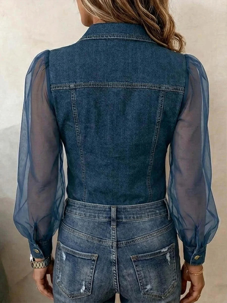 Women's Sheer Sleeve Denim Button-Up Shirt – V-Neck Casual Top