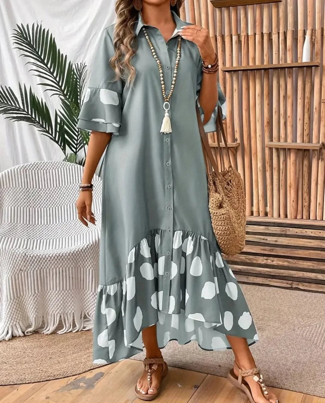 Women's Polka Dot Shirt Dress – Button Front Midi Dress with Flare Sleeves Bazaare Mart Half Sleeve Midi Shirt Dress