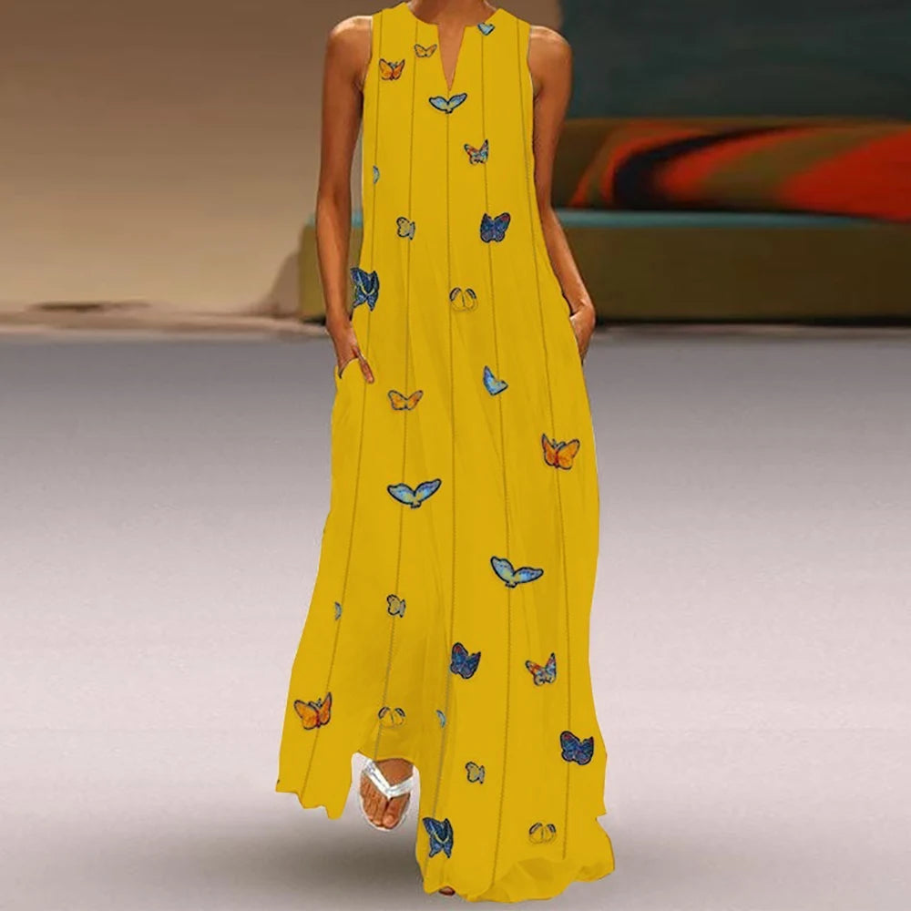 Women's Retro Boho Maxi Dress – Sleeveless V-Neck Summer Beach Dress with Pockets Yellow Butterfly Bazaare Mart Maxi Sundress