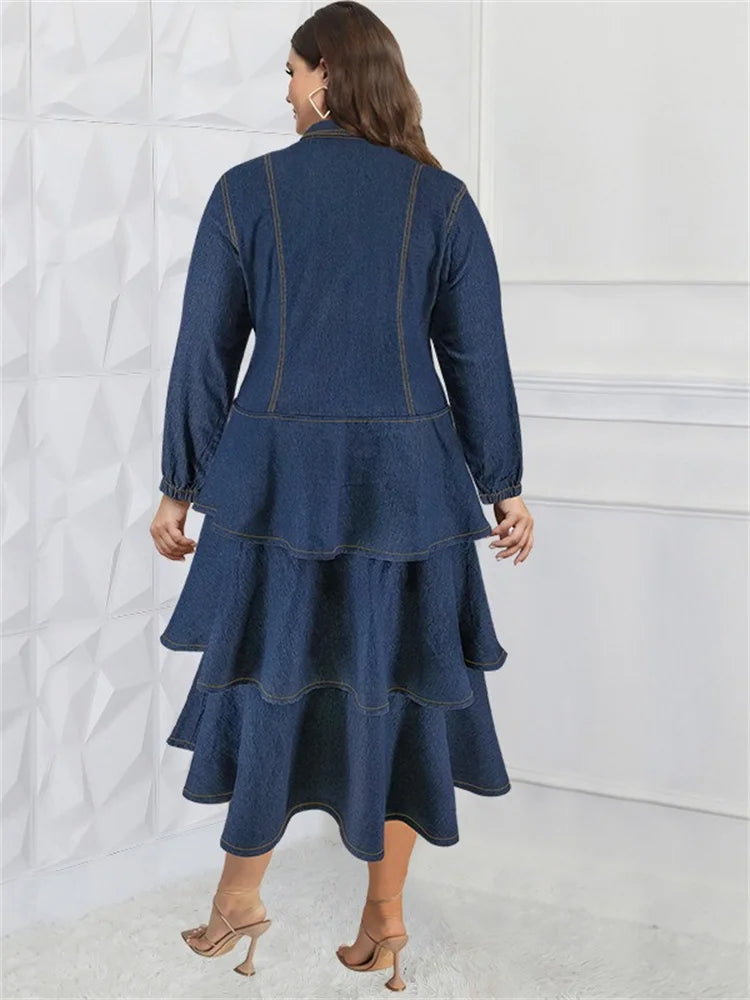 Blue Denim Tiered Ruffle Midi Dress