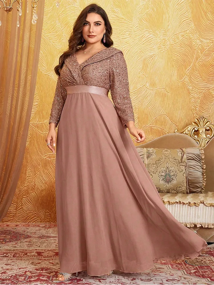V Neck Sequined Long Sleeve Chiffon Evening Gown Bazaare Mart Long Sleeve Evening Gown