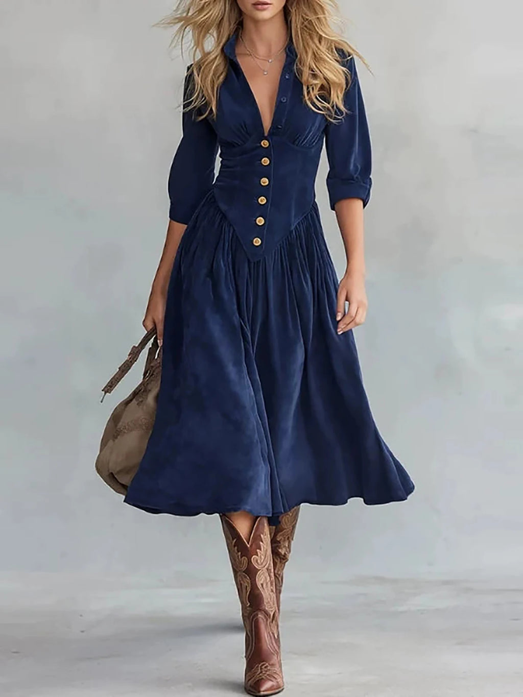 Navy Corduroy 3/4 Sleeve V-Neck Gold Button Midi Dress