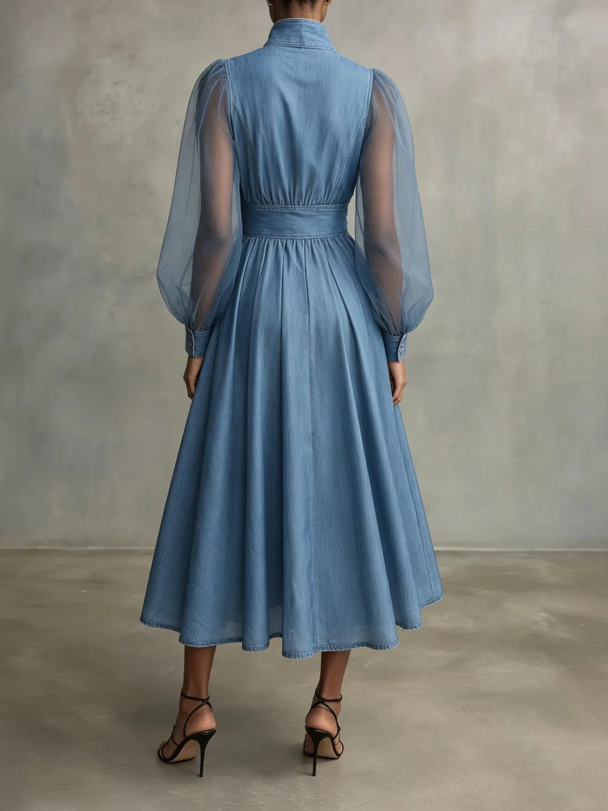 Classy Light Blue Denim Midi Shirt Dress with Sheer Puff Sleeves
