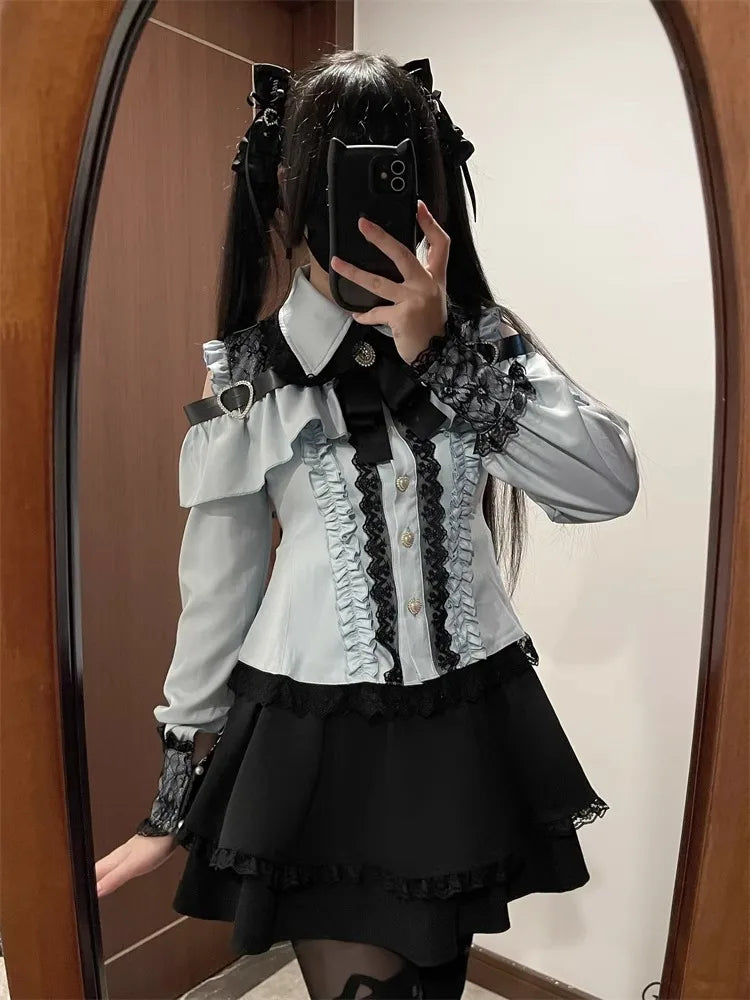Dark Sweet Heart Ground Type Lolita Set, Ruffle Sleeve Top & A-line Skirt, Cute Kawaii Japanese Style Gothic Coord Outfit S-XL Bazaare Mart