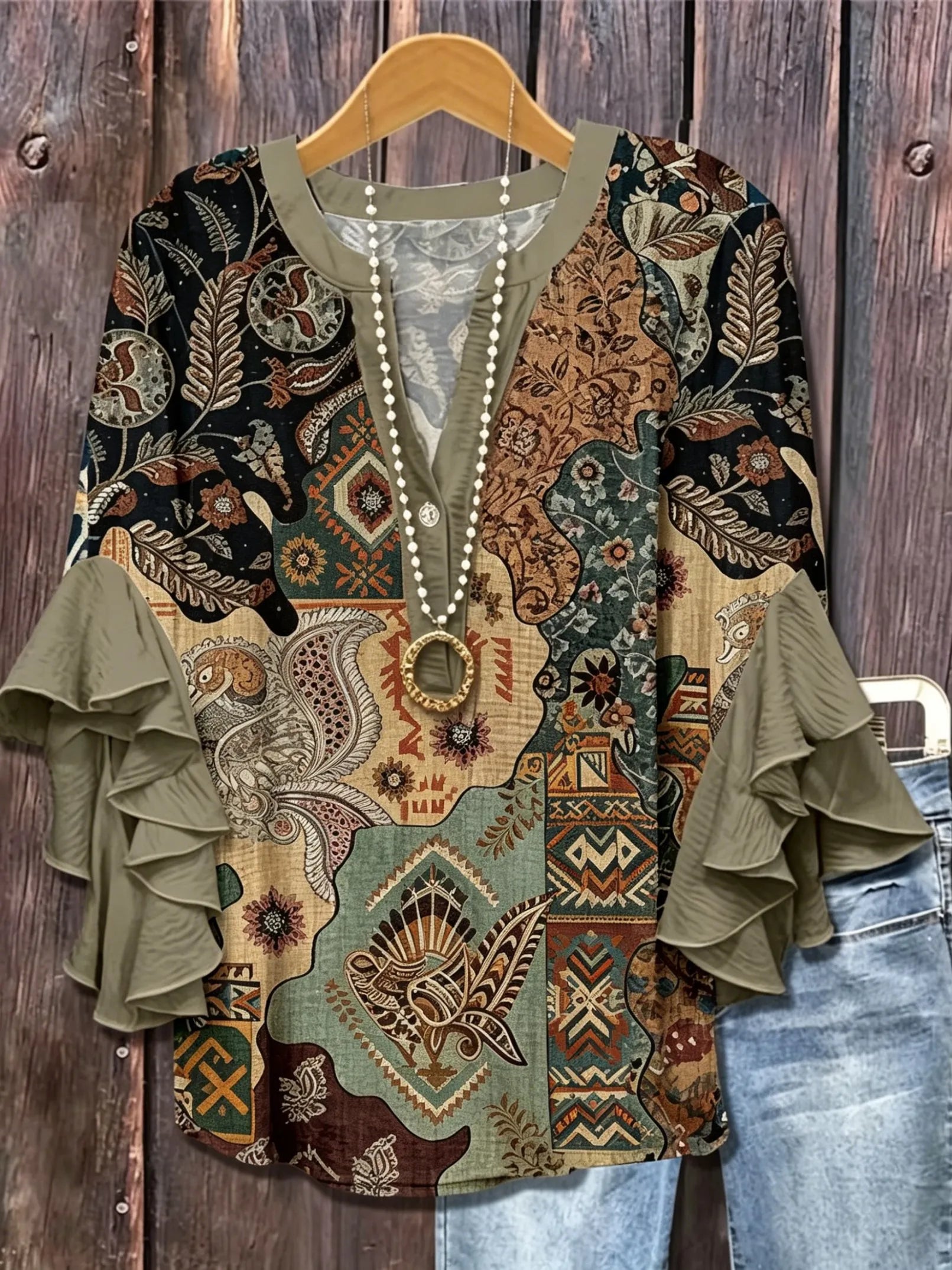 Women's Boho Patchwork Paisley Ruffle Sleeve Blouse | Elegant V-Neck Top HCHLF20261317E Bazaare Mart Ruffle Sleeve Blouse